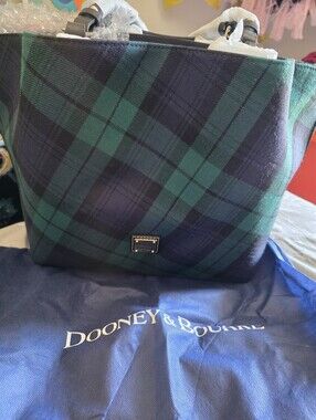 Dooney & Bourke Black and Green And Navy Plaid Tote Brand New
